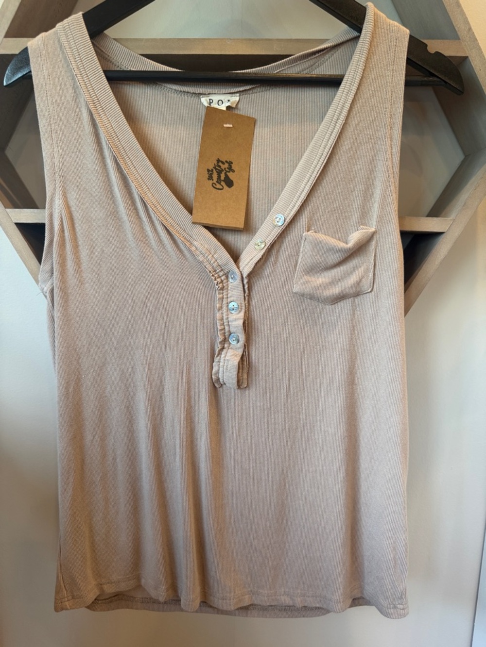 POL Light Taupe Sleeveless Henley Tank with Pocket
